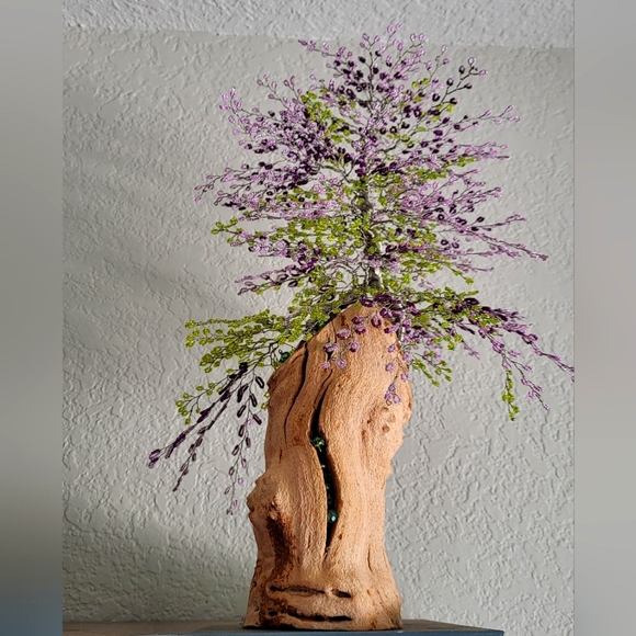 Beaded Bonsai Wire Tree, Pink, Purple, Green Wisteria on Driftwood - Picture 1 of 16